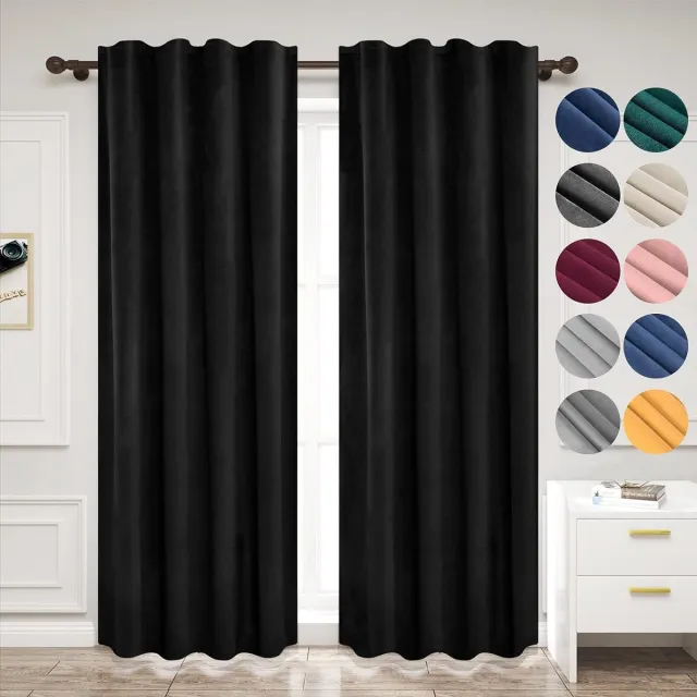 Woltu Fluwelen gordijnen ondoorzichtig verduisteringsgordijn met ruchesband thermisch gordijn, 300 g/m² zware fluwelen verduisteringsgordijnen voor slaapkamer woonkamer 2 stuks zwart