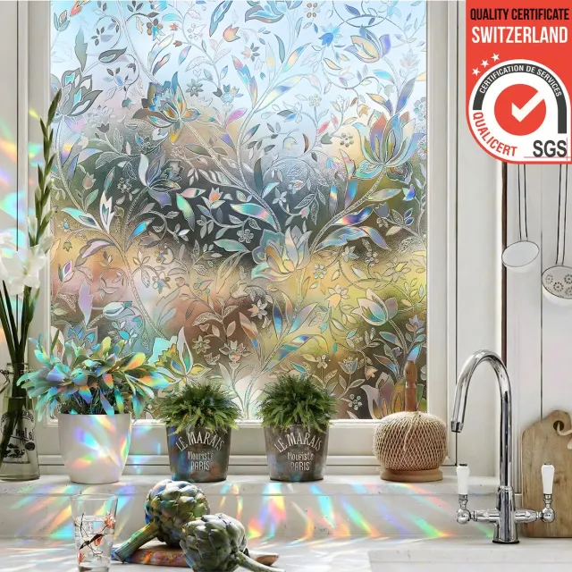 Homewell 3D Regenboog Raamfolie HR++(+) - Anti-Inkijk - Isolerend & Zonwerend - 45x300cm – Statisch - Prisma Bloemen Effect