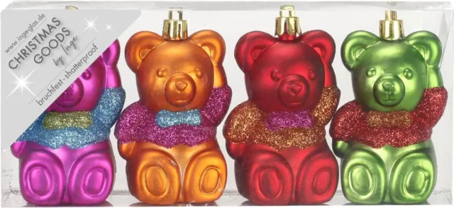 Inge‘s Christmas Decor Set van 4 Onbreekbare Teddy Beer Kerstballen – 8 cm – Inges Christmas Decor – Plastic – Kerstornamenten Meerkleurig