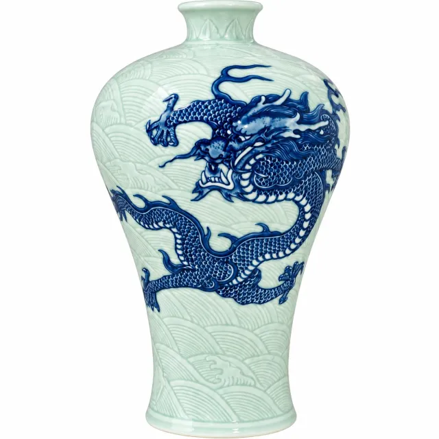 Fine Asianliving Chinese Vase Porcelain Handpained Dragon Blue White 3D D25xH35cm Blauw, Mint
