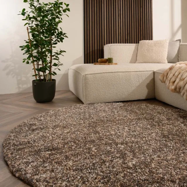 Tapeso Rond hoogpolig vloerkleed - Blend beige/grijs 160