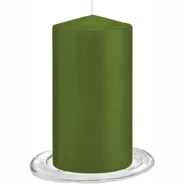 Trend Candles Stompkaarsen met glazen onderzetters set van 2x stuks olijf groen 8 x 15 cm