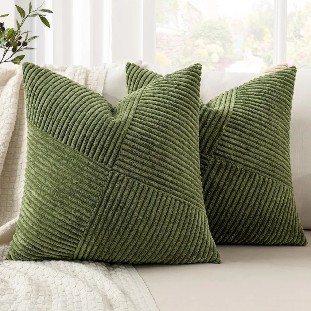 Famanu 40 x 40 cm Matcha Green Corduroy Velvet Cushion Cover Set van 2, Decoratieve Kussenhoes voor Sofa en Woonkamer Transparant
