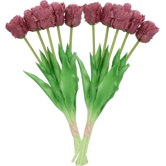 DK design Kunst tulpen boeket - 10x stuks - aubergine paars - real touch - 39 cm - levensechte kunstbloemen