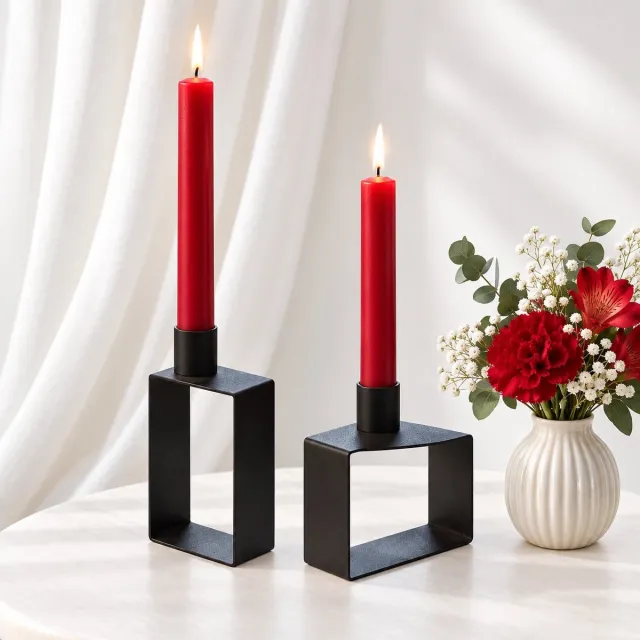 R H R&H® Kandelaar set van 2 – Zwarte metalen staafkaarsenhouders – Geometrisch rechthoekig – Modern minimalistisch – Hoogte 11 cm – Voor woonkamer, eetkamer en als cadeau