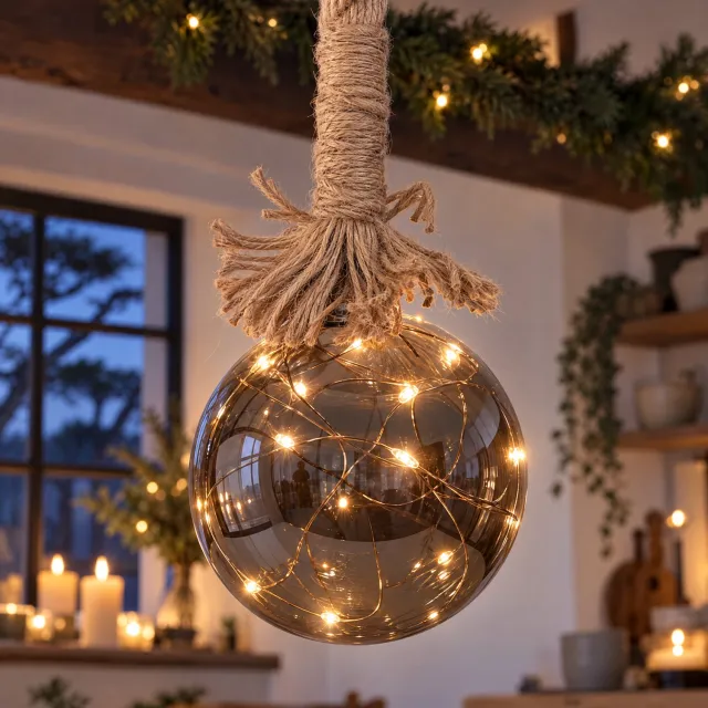 Levano Hanglamp - LED Lamp - Kerstversiering - Decoratie Woonkamer - Kerstverlichting op Batterij - Sfeerlamp - Jute Touw - Lichtbol - Glazen Bol met 15 LED - Sfeerverlichting Binnen - Binnenverlichting - Verlichte Bal - Warm Wit - Timer