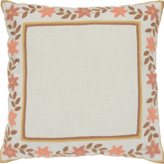 Urbane Hide Bloemlijn Geborduurde Kussenhoes 45x45 cm - Katoen & Acryl - Sierkussenhoes Beige met Oranje - Met Rits - Zonder Binnenkussen