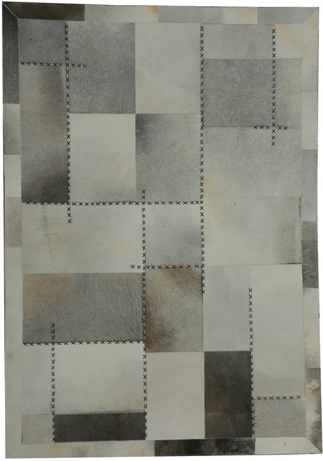 Padiro leren designvloerkleed 160 x 230 cm - lichtbeige - geometrisch ruiten- en blokkenpatroon - patchwork - voor vloerverwarming - van leer en vilt