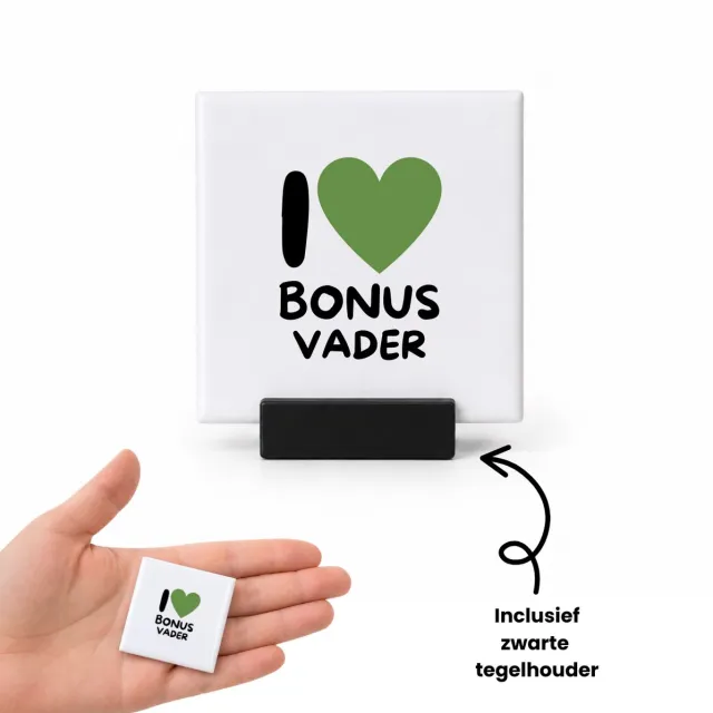 Hacebo I love bonus vader met groen hart tegeltje met tegelhouder - Vader - Liefste bonusvader - tegeltjes met tekst - Vaderdag cadeautje - Cadeau voor papa - Verjaardag - Geschenk - Cadeau - Gift - spreuktegels - 4.8x4.8 CM Wit