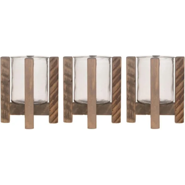 Bellatio Design 3x Houten theelichthouders/waxinelichthouders op standaard 21 cm - Kaarsenhouders/lantaarns - Sfeer lichtjes Bruin