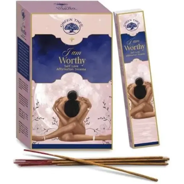 Green Tree I am Worthy Manifestation - wierook Meditatie - Heilig hout - Duurzame wierookstokjes - doos 12 stuks Incense 15 gram Blauw
