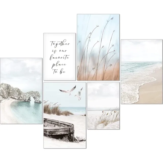 Artpin Moderne posterset - foto's woonkamer decoratie slaapkamer - pampas gras beige zee strand fotowand zonder lijst (4x A4 | 2x A5) W12 kleurjik