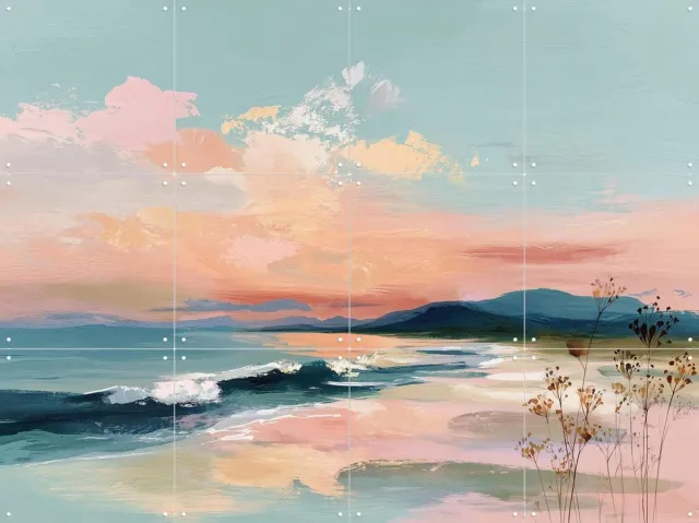 IXXI Soft Pastel Ocean Morning, Branka Kodžoman - 80 x 60 cm - Grote wanddecoratie en posters Woonkamer, Strandhuis, Slaapkamer, Bergen, Wolken Blauw / Beige / Roze