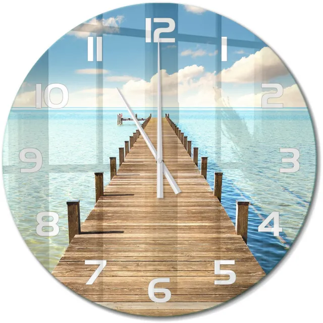 TULUP Wandklok - Houten brug Moderne Wandklok Glas - fi60 cm - Blauw Wandklok Glas Decoratie - Witte handen - Ronde Klok - Glazen Wandklok Design - Klok Glas Met Opdruk
