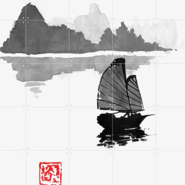 IXXI Boat, Péchane - 100 x 140 cm - Grote wanddecoratie en posters - Minimalisme, Ukiyo-e, Klassiek, Aquarel, Illustraties, Slaapkamer, Woonkamer Monochroom / Zwart en wit / Zwart