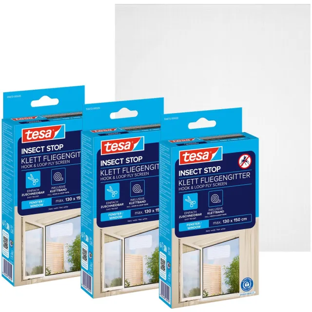 Tesa INSECT STOP H&L Fly Screen for Window - hor met klittenband, op, zonder boren, wit - 3x 130 x 150 cm
