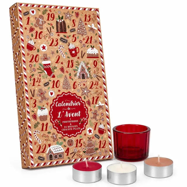 WDMT Adventskalender met 24 Geurkaarsjes – Inclusief Glazen Kaarsenhouder – Cadeaubox met 24 Kaarsen – Kaarsen Adventskalender voor Volwassenen – Kerstcadeau – Geurkaarsen Cadeauset – Rood Bougie