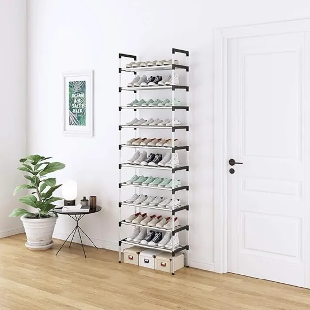 Famanu Zilver 16mm Pijp Extra Stevige Schoenenrek met 10 Niveaus Lagen, Hoge Schoenenplank, voor 20-30 Paar Schoenen, Schoenenrek voor Gang, Woonkamer, Afmeting 56 x 30 x 170cm Zwart