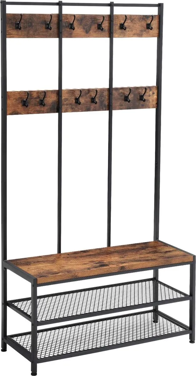 FurnStar Kapstok met schoenenrek - Garderobe in industriële stijl - Bankje - Haken - Schoenenrek - Robuust metalen frame - 100x40x184 cm - Zwart-bruin zwart - bruin
