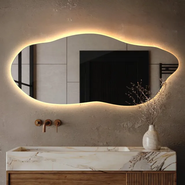 Coloray Asymmetrische Organische Spiegel LED - Organische Spiegel XL LED - 40 cm x 90 cm - Organische Spiegel Hal - Scandinavisch Spiegel - Warm licht - LED Organische Wandspiegel Groot Warm Wit
