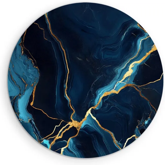 Saammp Muurcirkel Hout - Marmer - Donkerblauw - Goud - Abstract kunstwerk - Ø 60 - Wandcirkel - Wanddecoratie Cirkel - Muurdecoratie Woonkamer - Slaapkamer decoratie - Rond Schilderij