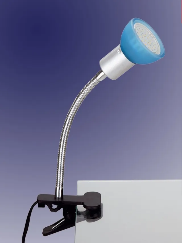 Trango LED Klemlamp 2989-010 *EASY* Tafellamp I Leeslamp I Clip Lamp met Blauw Glazen Lampenkap, Klemspot I Nachtlampje I Bureaulamp incl. 1x 5 Watt GU10 3000K warm witte LED lamp Blue glas