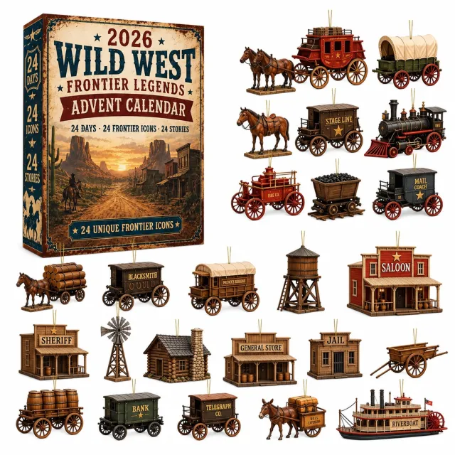 SWGOTA Adventskalender 2026 met Wilde Westen-thema - 24 platte hangdecoraties met wagens en gebouwen - genummerde kalenderdoos Multicolour