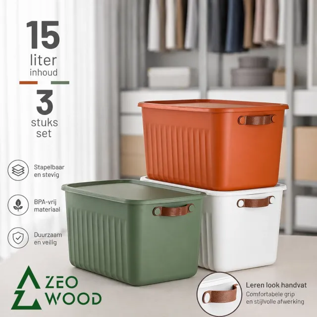 Zeo Wood Opbergbox met Deksel - Opbergdozen met Deksel - Opbergmand met Deksel - Set van 3 - 15L - Multicolour