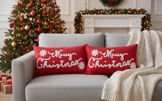 Urbane Hide Kerstkussen Set van 2 Kussenhoezen Rechthoek - Kerst Kussenhoes - Kussenhoesjes - Geborduurd Vrolijk Kerstfeest - 30x50 cm - Katoen - Voor Binnen - Rood/Wit - Zonder Binnenkussen Rood Merry Christmas