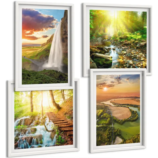 Coloray 4-Delige Schilderij Set - Waterval Bergen Sinaasappels Italiaans Landschap Zonsondergang - 40 x 40 En 40 x 60 - Muurdecoratie - Interieur Decoratie - Decoratieve Schilderijen Witte lijst