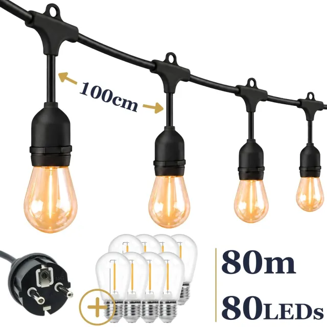 Odaily Lichtsnoer Buiten - 80m - 80 LEDs - Warm Wit Licht - IP65 - Professionele Kwaliteit