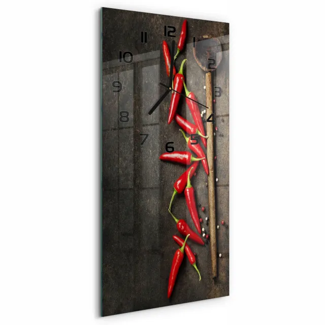 TULUP Wandklok - Chilipepers Glazen Wandklok Design - 30x60 cm - Rood Klok Glas Met Opdruk - Zwarte handen - Rechthoekige Klok - Wandklok Glas Met Motief - Decoratieve Glazen Klok