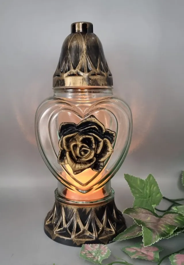 Herdenkingslichtjes Herdenkingslicht - P39 - Goud - Transparant glas - Roos (Rond)- Grafkaars – Graflicht – Graflantaarn – Grafdecoratie - Windlicht