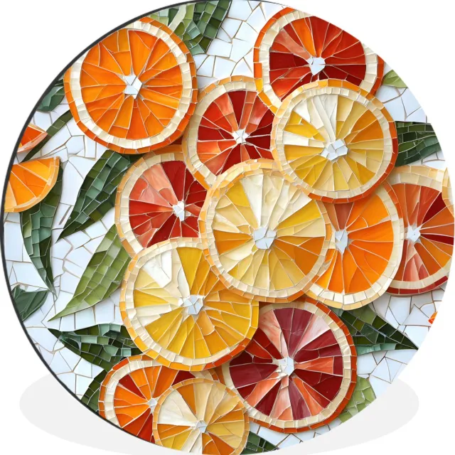 WallCircle Wandcirkel - Muurcirkel - Schijfjes - Fruit - Oranje - Mozaïek - Aluminium - Dibond - 60x60 cm - Binnen en Buiten Citrusvruchten - Schijfjes