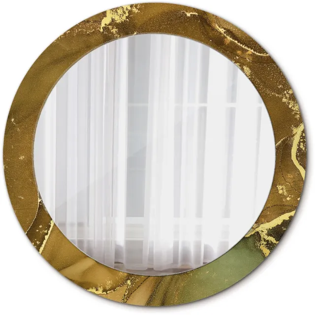 TULUP Spiegel - Ronde vorm Spiegel - op gehard Glas - Metallic wervelingen - Diameter: 70 cm - Spiegel met decoratieve opdruk - Woonkamerspiegel - Inloopkastspiegel - Spiegel voor kantoor of studio - Gouden - Design Spiegel - Montageset Goud Metallic wervelingen