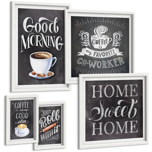 TULUP 4-Delige Schilderij Set - Koffie-inspiratie in rustieke stijl voor de keuken - 50 x 50 cm, 20 x 30 cm en 40 x 60 cm - Wanddecoratie - Muurdecoratie - Woonkamer - Decoratieve Schilderijen Witte lijst