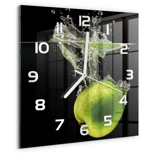 TULUP Wandklok - Groene appels Wandklok Glas Decoratie - 30x30 cm - Groente Gekleurde Glazen Klok - Witte handen - Vierkante Klok - Klok Glas Met Opdruk - Moderne Wandklok Glas