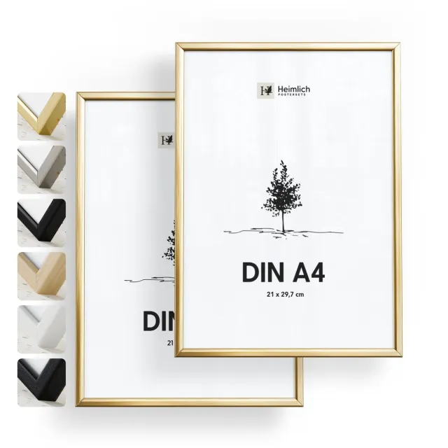 Heimlich Fotolijsten A4 (21x29,7 cm) Set van 2 - Metaal Goud - Staand en Wandhangend - Onbreekbaar Kunststof Glas