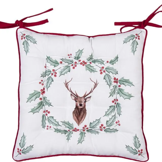 Clayre & Eef Stoelkussen Foam 40x40x4 cm Wit Rood Katoen Hert Hulstbladeren