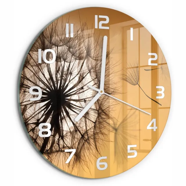 TULUP Wandklok - Paardebloem Wandklok Glas Met Motief - fi30 cm - Oranje Decoratieve Glazen Klok - Witte handen - Ronde Klok - Gekleurde Glazen Klok - Glazen Klok Met Print