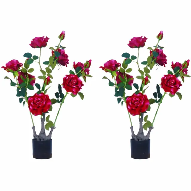 Happiq Set van 2 Kunst Pioenrozen Bomen - Realistisch design met Groene Bladeren - voor woonkamer en tuin - Rode Kunstbloemen in Pot - Oranje Rood