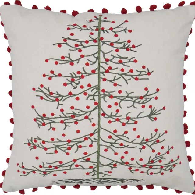 Urbane Hide Kussenhoes 45x45 cm | Kussenhoezen | Kussenhoesjes | Geborduurd | Feestelijke kerstboom met pomponrand | Katoen | Rood/beige | Zonder Binnenkussen Type G