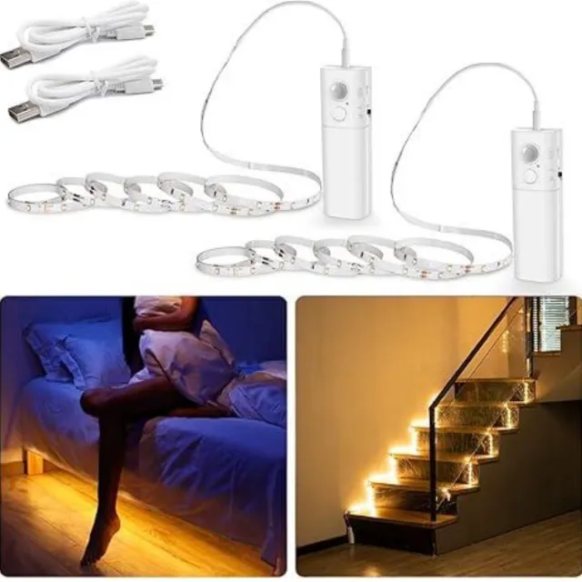 GelldG 2 Stuks - LED-strips - Bewegingssensor Verlichting - 2x2m Batterijgevoede Warmwitte Lampen - Geschikt voor Kast, Trap en Bed - Kunststof - Incl. Montagemateriaal