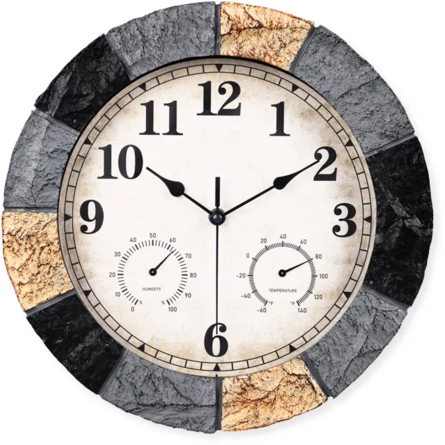 SensaHome Wandklok YS1002 – Waterdichte Steenlook Resin Buitenklok – Ronde Outdoor Klok – Ø33cm – Grijs