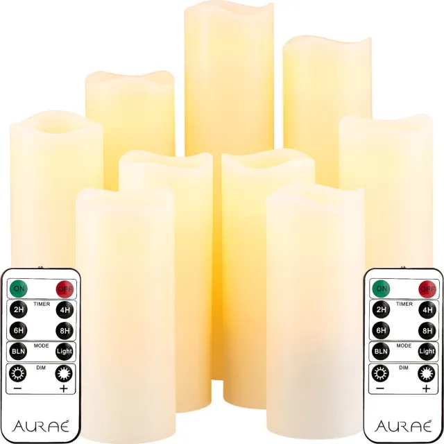Aurae Led Kaarsen met Afstandsbediening - 9x - Echte Wax - Flikkerende Vlam - 250+ Branduren - op Batterijen - Timer - Kerst Kaarsen Ivoor