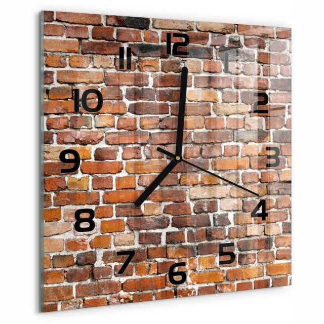 TULUP Wandklok - Bakstenen muur Gekleurde Glazen Klok - 30x30 cm - Bruin Glazen Klok Met Print - Zwarte handen - Vierkante Klok - Moderne Wandklok Glas - Wandklok Glas Decoratie