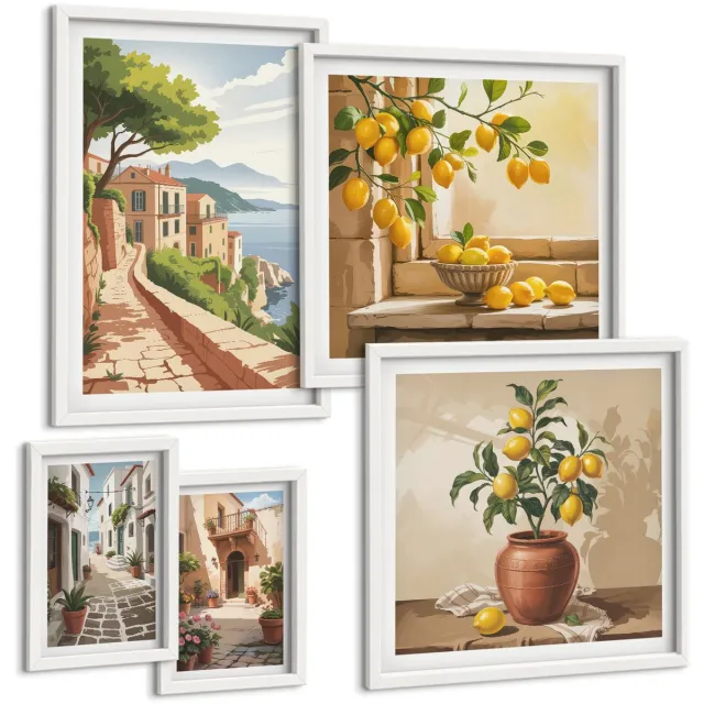 TULUP 4-Delige Schilderij Set - Charmante uitzichten op mediterrane straten en de natuur. - 50 x 50 cm, 20 x 30 cm en 40 x 60 cm - Moderne Wanddecoratie - Slaapkamer - Woonkamer Decoratie Witte lijst