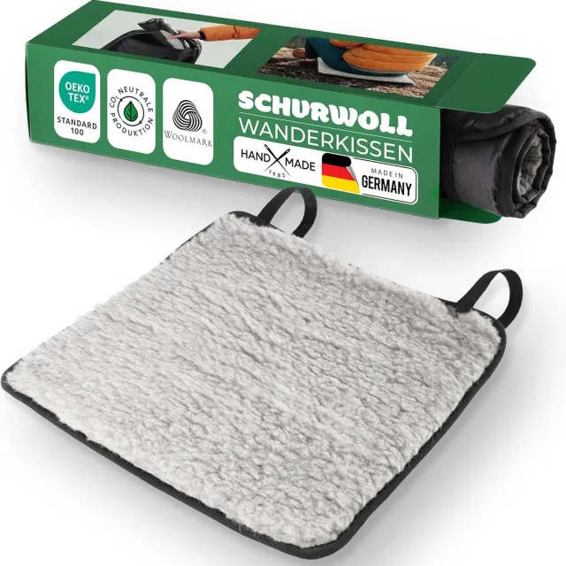 Novaliv Wandelkussen - Buitenzitkussen gemaakt van zuivere scheerwol, waterafstotende polyamide onderkant - warm, ademend en isolerend - 37 x 37 cm - grijs - lichtgewicht en compact - voor kamperen, wandelen, picknicken en reizen.