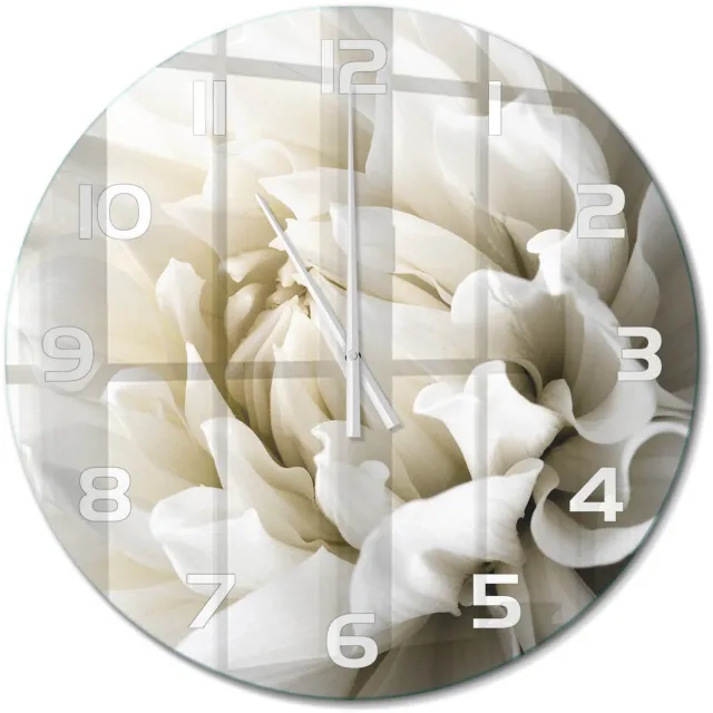 TULUP Wandklok - Witte dahlia Decoratieve Glazen Klok - fi60 cm - Wit Glazen Wandklok Design - Witte handen - Ronde Klok - Glazen Klok Met Print - Wandklok Glas Met Motief