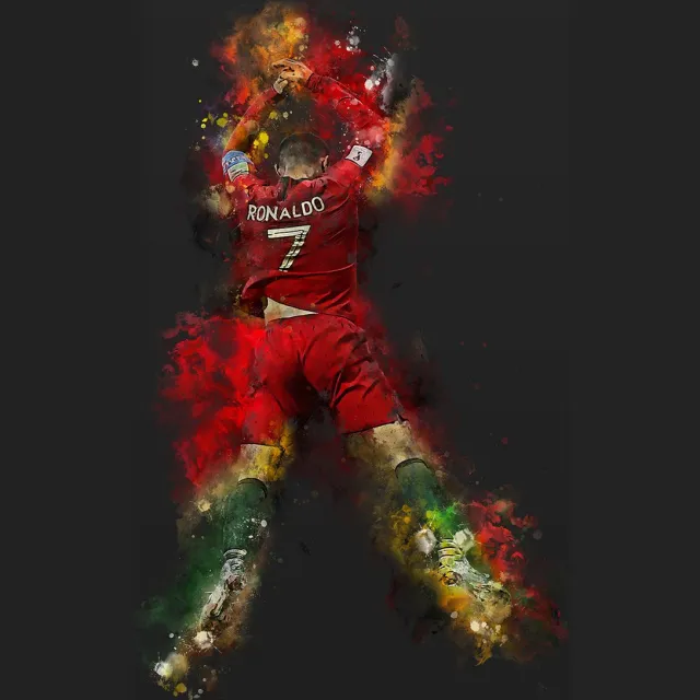 Cristiano Ronaldo Wallofprints - Voetbalposter A3 formaat - Cristiano Ronaldo poster - 29.7 x 42 cm - Unieke waterverfstijl poster van Cristiano Ronaldo in het Portugese tenue Donkergrijze achtergrondkleur